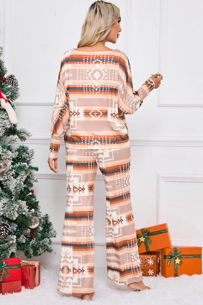 Aztec Bliss Multicolour Lounge Set with Puff Sleeves and Wide Leg Pants