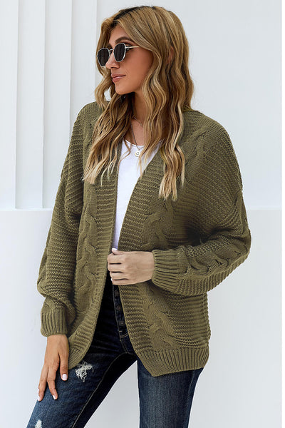 Cozy Olive Green Chunky Knit Cardigan for Women - Long Sleeve Open Front Sweater, Ideal for Stylish Layering