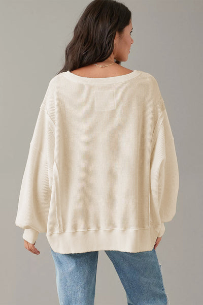 Women's Oversized White Waffle Knit Top with Bishop Sleeves and Trendy Split Detail for Effortless Chic Style