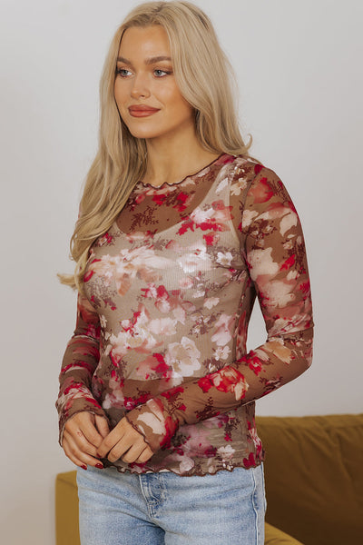Elegant Women's Red Floral Print Sheer Mesh Long Sleeve Blouse Lightweight Summer Top for Chic and Stylish Looks