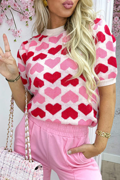Women's Pink Two-Tone Heart Print Women's Crew Neck Sweater - Cute Casual Short Sleeve Top for Valentine's Day Style