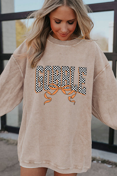 Gobble Checkered Graphic Ribbed Sweatshirt in Apricot with practical styling and dependable silhouette control.