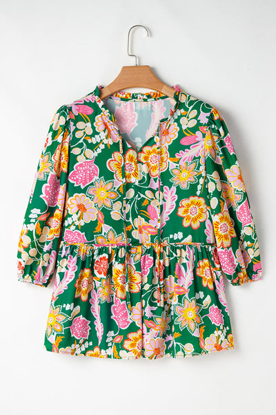 Women's Green Floral Puff Sleeve V-Neck Peplum Blouse - Chic & Flattering Top for Casual or Dressy Events