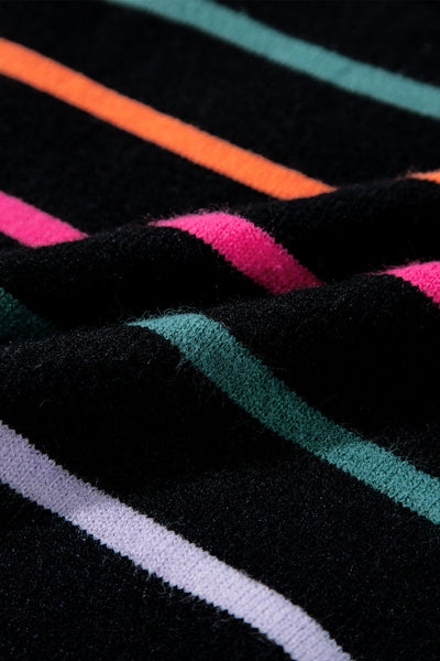 Cozy Women's Black Ribbed Sweater with Colorful Trim Stylish Striped Design for Casual Outings and Everyday Comfort