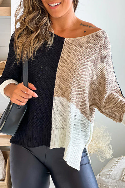 Cozy Women's Black Color Block V-Neck Knit Sweater - Relaxed Fit for Effortless Casual Chic Look