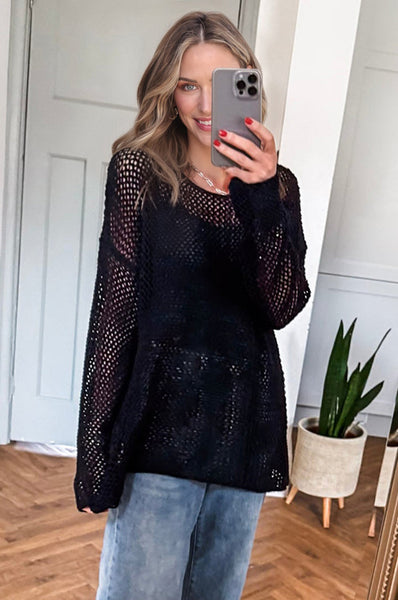 Cozy Women's Black Crochet Pullover Sweater - Stylish Openwork Knit for Effortless Chic Look and Comfort