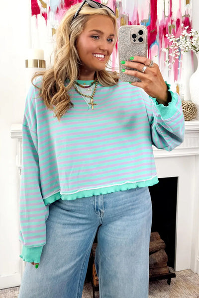 Cozy Oversized Green Stripe Sweatshirt for Women with Exposed Seams & Contrast Trim - Casual Chic Essential