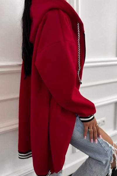 women's racing red oversized zip-up hoodie with contrast striped cuffs made for easy styling and wardrobe coordination, with premium-like structure