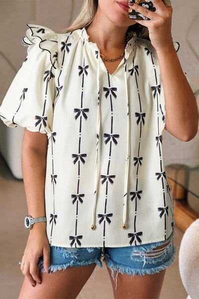 Women's Bow Print Ruffle Shoulder Puff Sleeve Blouse in Cream