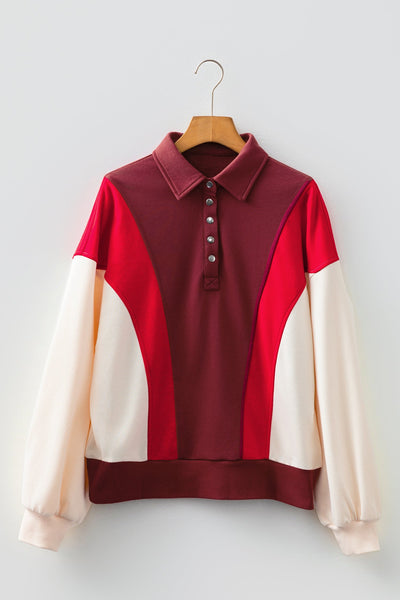 Women's Oversized Color Block Henley Sweatshirt in Crimson