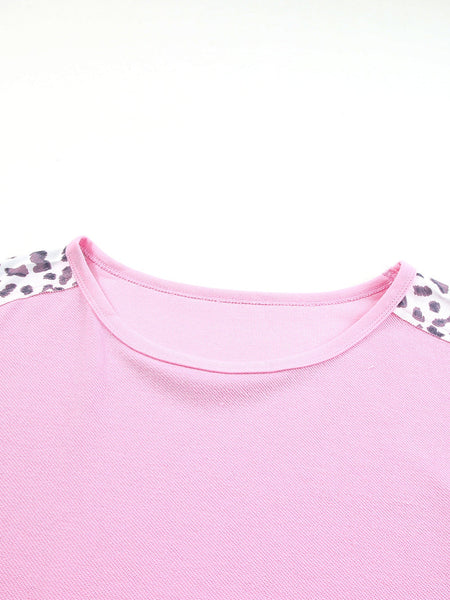 Pink Leopard Patchwork Plus Size Sweatshirt with Exposed Seams