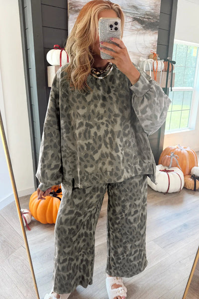 Women's Sage Leopard Print Two-Piece French Terry Pant Set
