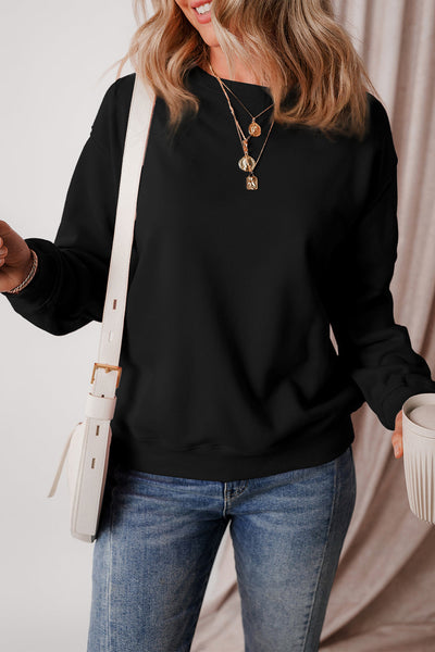 Women's Cozy Black Fleece-Lined Drop Shoulder Sweatshirt - Relaxed Fit Terry Fabric for Ultimate Comfort and Style