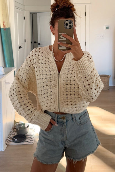 Chic Beige Knit Zip-Up Cardigan for Women with Hollowed Pattern and Drop Shoulder - Cozy Layering Essential