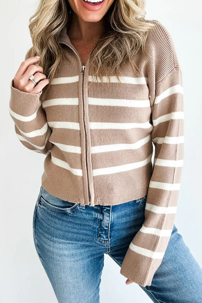 Women's Cozy Khaki Stripe Ribbed Knit Zip-Up Cardigan Sweater with Drop Shoulders for Effortless Style and Comfort