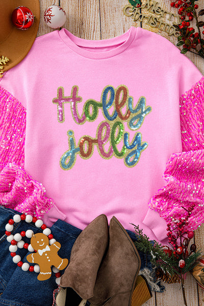 Women's Holly Jolly Pink Sequin Sleeve Holiday Sweatshirt
