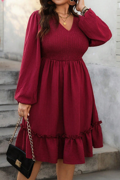 Plus Size Women's Red Dahlia V-Neck Midi Dress with Long Sleeves, Ruffle Hem & Shirred Detail for Effortless Elegance