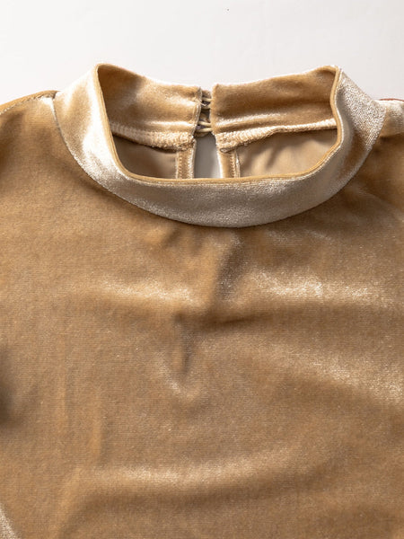 Romantic French Beige Ruffled Puff Sleeve Mock Neck Velvet Blouse