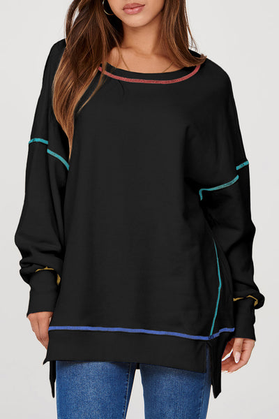 Cozy Women's Black Baggy Sweatshirt with Trendy Contrast Stitching and Chic Split Hem for Stylish Comfort