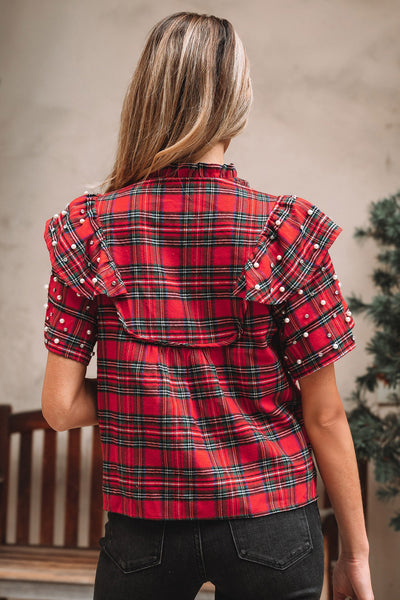 women's pearl-embellished red plaid ruffle sleeve blouse made for easy styling and wardrobe coordination, with premium-like structure and finish. with