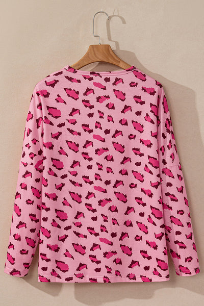 Women's Casual Loose Fit Pink Animal Print Long Sleeve Top with Stylish Stitching for Everyday Elegance