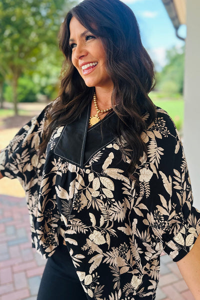 Women's Black Botanical Leaf Print Color Block V-Neck Dolman Blouse - Effortless Chic for Any Occasion