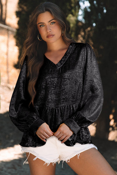 Trendy Women's Black Metallic Frilled V-Neck Babydoll Blouse with Puff Sleeves Chic Style for Every Occasion