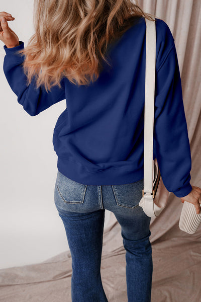 Cozy Women's Navy Blue Fleece-Lined Drop Shoulder Sweatshirt - Casual Comfort for Everyday Wear