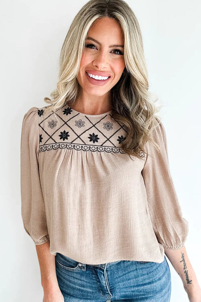 Women's Embroidered Puff Sleeve Blouse in Parchment - Chic Round Neck Top for Effortless Casual Style