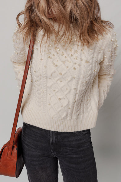 Beige Women's Cozy Cable Knit Sweater with Pearl Details - Chic Fall & Winter Essential for Effortless Style
