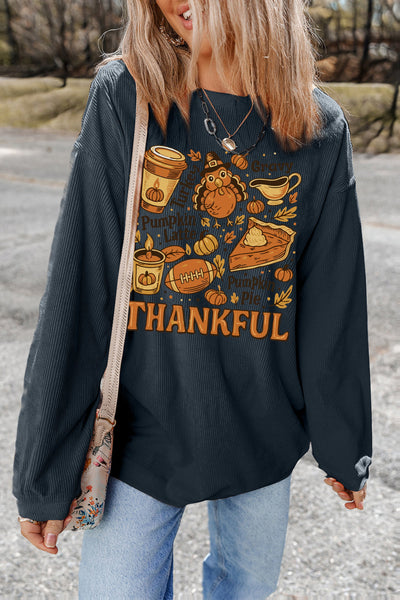 Cozy Women's Dark Grey Twisted Ribbed Baggy Sweatshirt Trendy Fall Fashion with Stylish Print for Chic Comfort