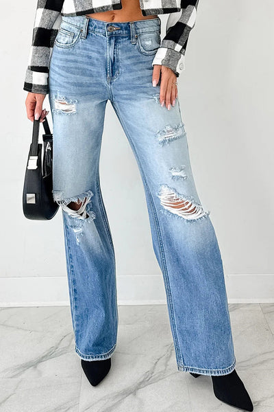 Chic Women's Classic Blue Mid Rise Distressed Straight Leg Jeans for Everyday Comfort and Style