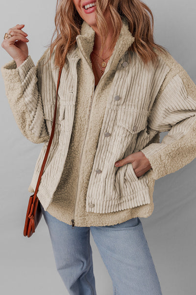 Stylish Women's Parchment Corduroy Sherpa Jacket with Stand Collar and Trendy Patchwork Design for Cozy Comfort