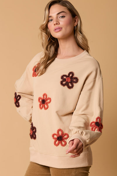 Cozy Chic Women's Sweatshirt in Jet Stream with Tinsel Flower Design - Relaxed Fit & Drop Shoulder for Casual Outings