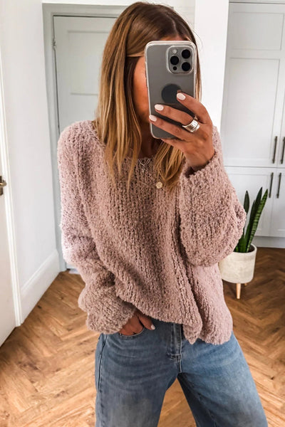 Cozy Women's Dusty Pink Fuzzy Knit Sweater | Loose Fit Round Neck Pullover with Drop Shoulders for Casual Chic Style