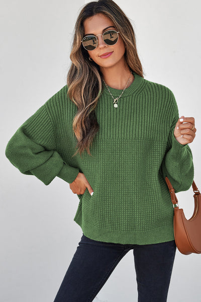 Women's Vineyard Green Mixed-Texture Knit Crewneck Sweater