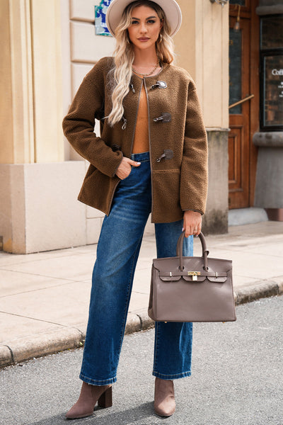 Women's Coffee Brown Textured Teddy Coat with Toggle Closure
