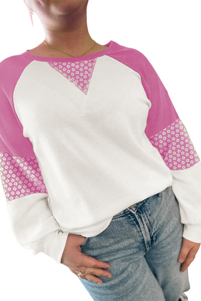 Women's Casual Chic Long Sleeve Top - Pink Floral Print Patchwork Design for Effortless Style and Comfort
