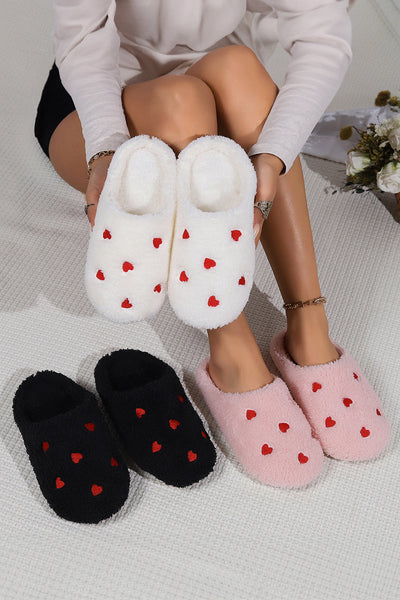 Cozy Women's Pink Heart-Embroidered Plush Slip-On Slippers for Comfort and Chic Style at Home
