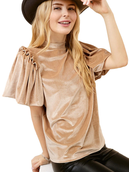 Romantic French Beige Ruffled Puff Sleeve Mock Neck Velvet Blouse