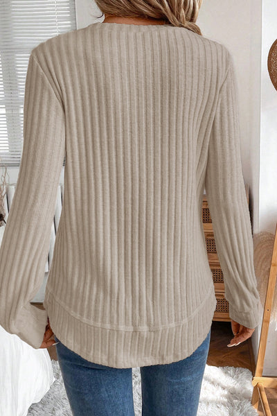 Women's Long Sleeve Ribbed Knit Top in Jet Stream - Stylish Round Neck with Rounded Hem for Effortless Casual Chic