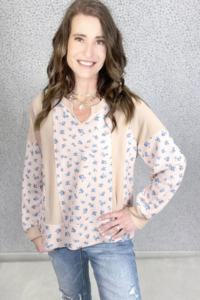 Women's Floral Color Block Waffle Knit Balloon Sleeve Top