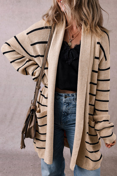 Chic Women's Black Stripe Open Cardigan with Shawl Neckline and Pockets - Cozy Layering Essential for Every Occasion