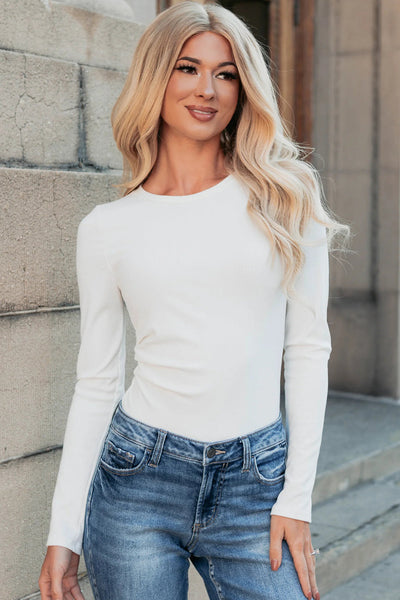 Chic White Ribbed Long Sleeve Bodysuit for Women - Fitted Crew Neck Style, Perfect for Layering or Standalone Wear