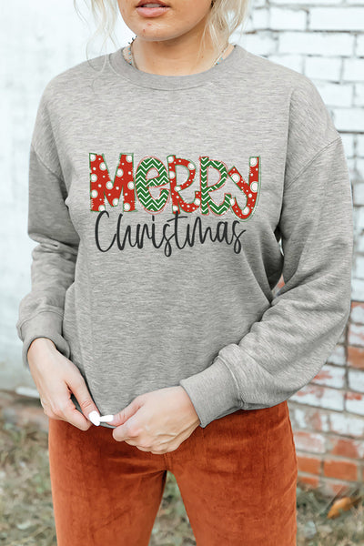 women's mixed-pattern 'merry christmas' gray drop shoulder sweatshirt made for easy styling and wardrobe coordination, with premium-like structure and