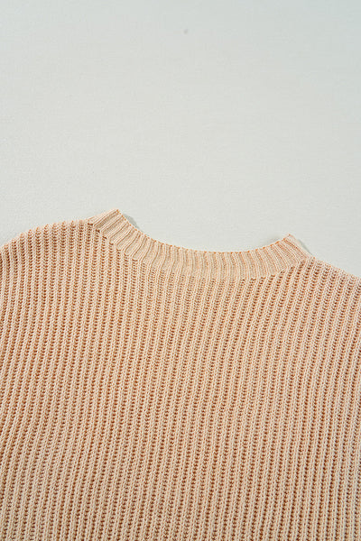 Cozy Women's Apricot Cable Knit Sweater with Drop Shoulders & Side Slits - Relaxed Fit for Effortless Fall Fashion