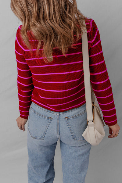 Stylish Women's Red Striped V-Neck Knit Cardigan Sweater with Tie Front for Effortless Comfort and Trendy Looks