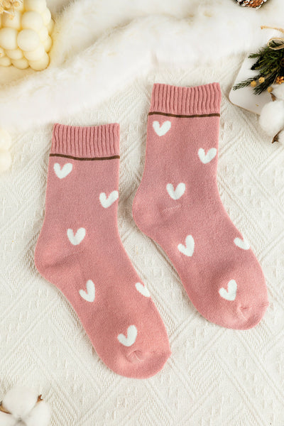 Women's Pink Heart Print Polyester Crew Socks with Ribbed Cuffs