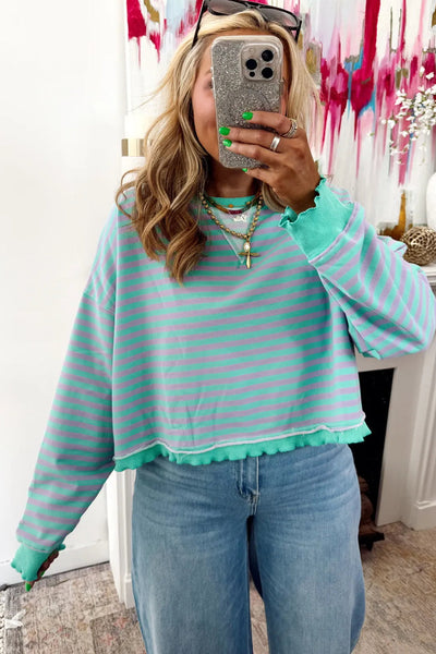 Cozy Oversized Green Stripe Sweatshirt for Women with Exposed Seams & Contrast Trim - Casual Chic Essential