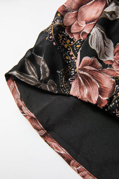 Trendy Women's Black Floral Criss-Cross V-Neck Balloon Sleeve Blouse - Stylish Casual Top for Everyday Wear